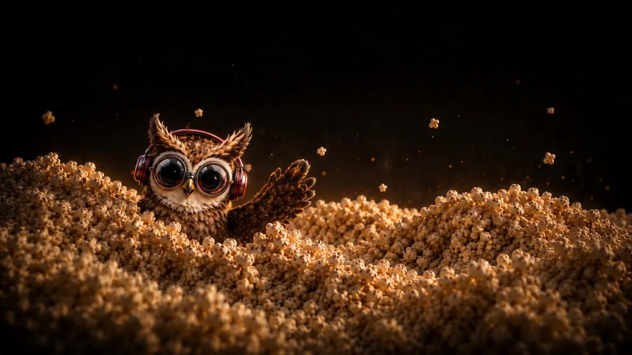 Mascotte hibou Sovora au milieu du popcorn